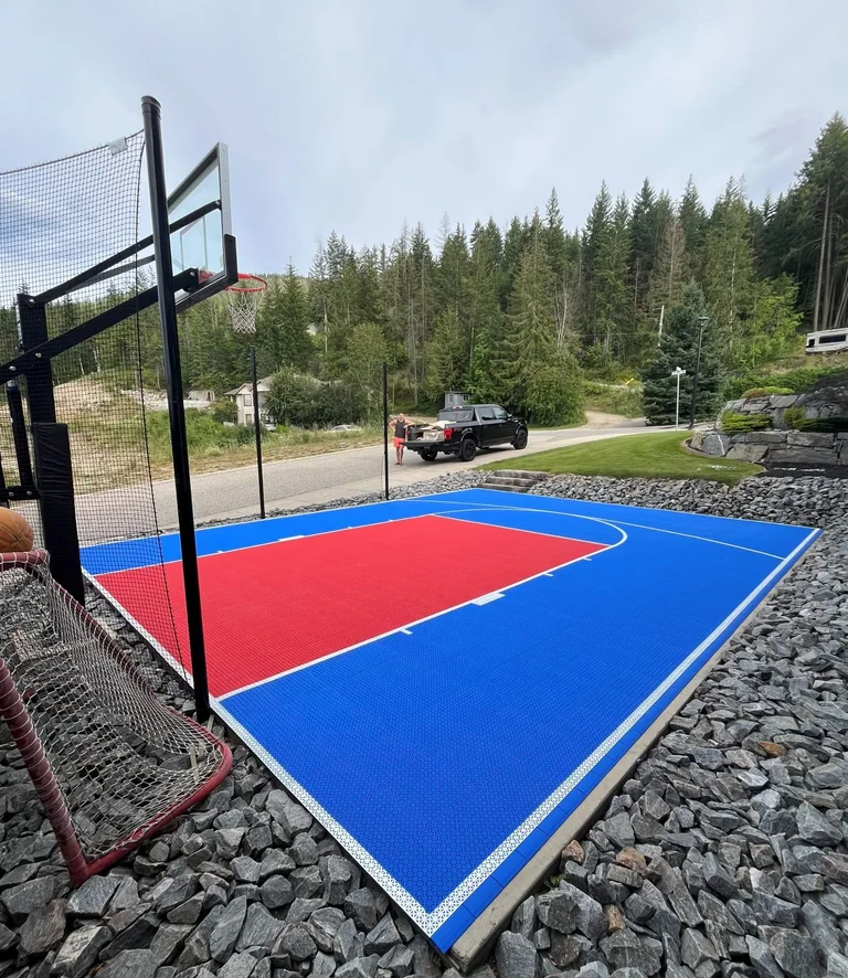 Blue and red basketball court in a wooded setting
