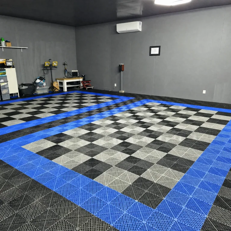 Garage floor in blue, grey and black interlocking tiles