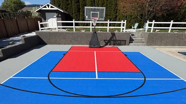Backyard basketball court with blue tiles, a red key and a portable hoop
